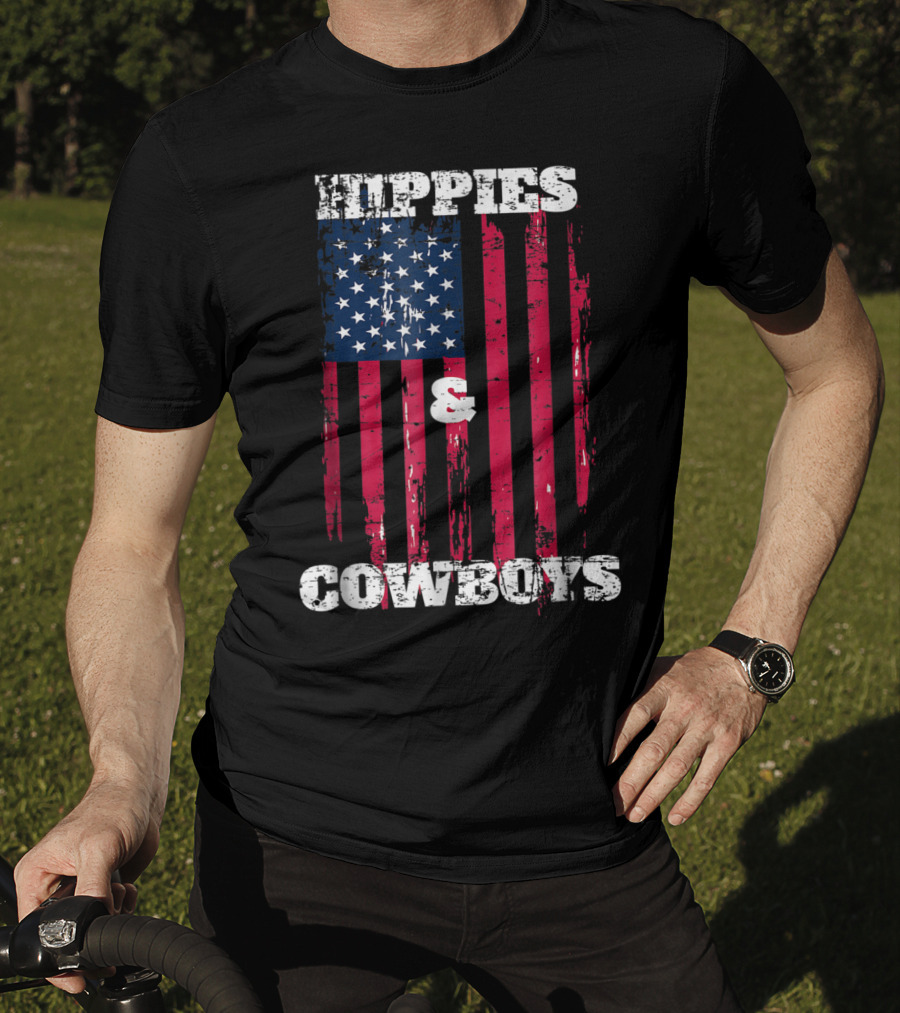 Hippies Cowboys And American Flag Distressed Look T-Shirt