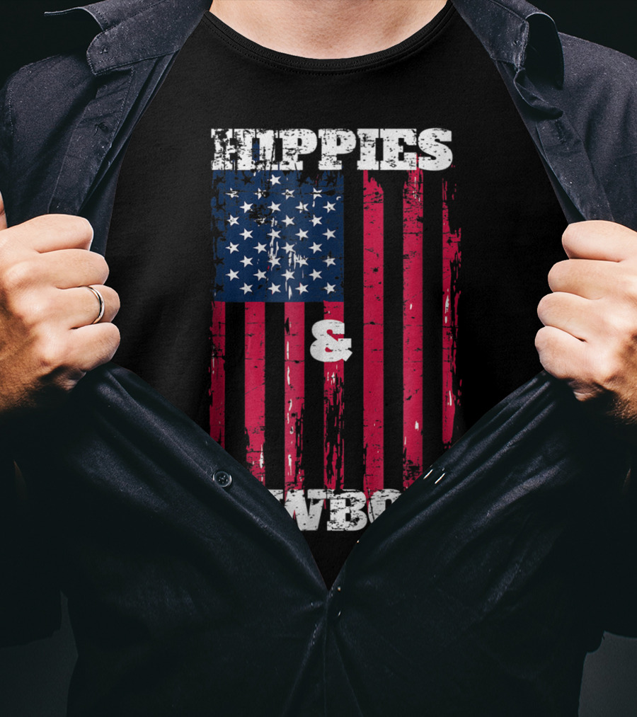 Hippies Cowboys And American Flag Distressed Look T-Shirt