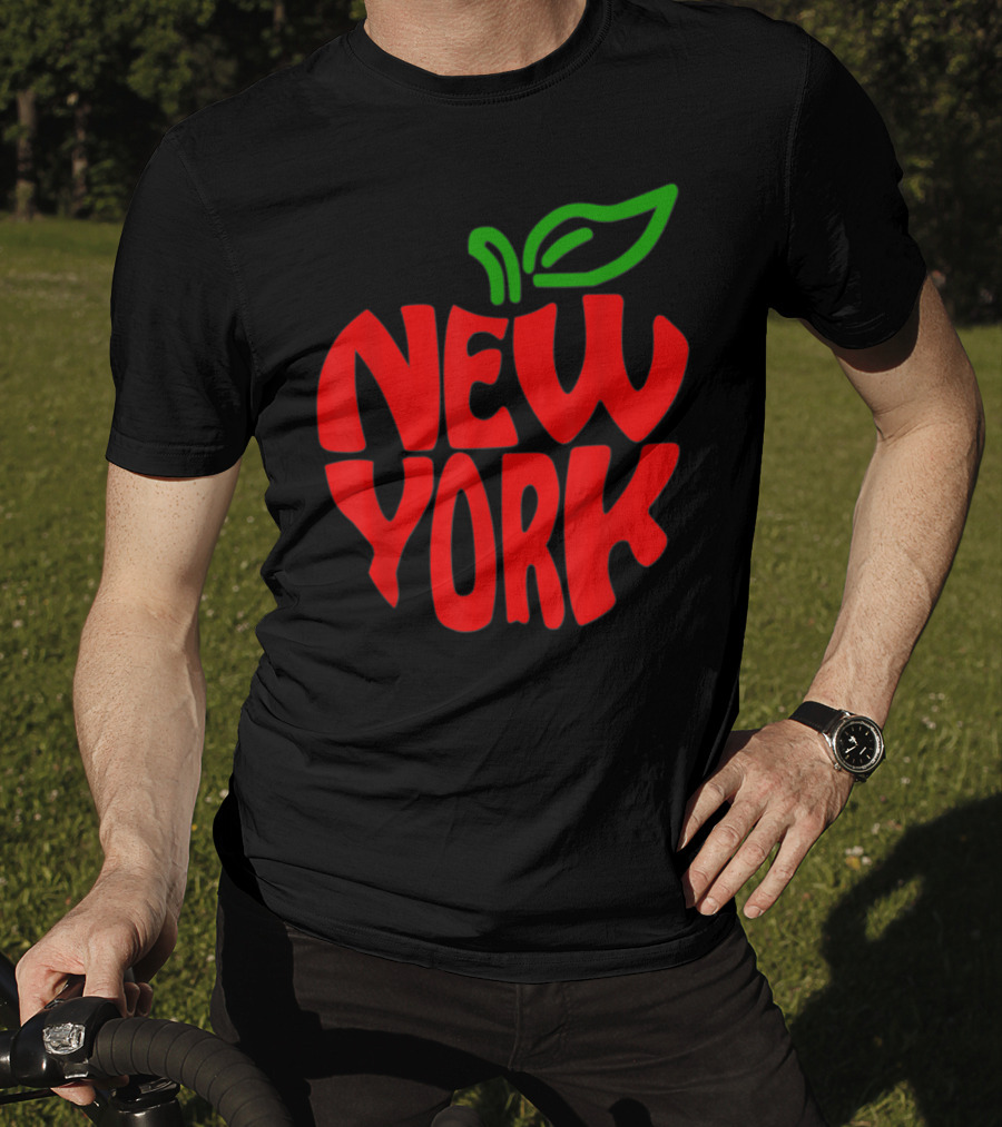 New York Big Apple Red Typography With Green Leaf T-Shirt