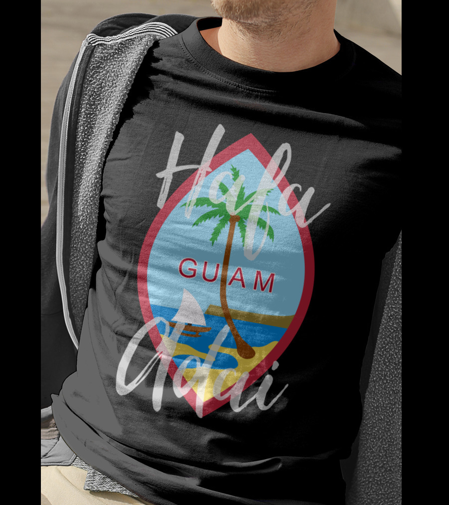 Hafa Adai Guam Palm Tree Beach Sailboat Emblem T-Shirt