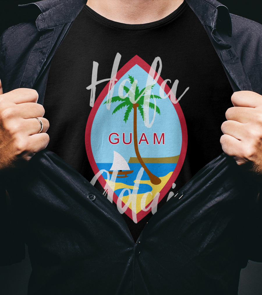 Hafa Adai Guam Palm Tree Beach Sailboat Emblem T-Shirt