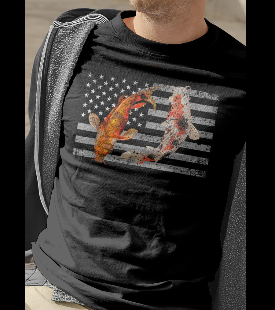 USA Flag With Japanese Koi Fish And Koi Carp T-Shirt