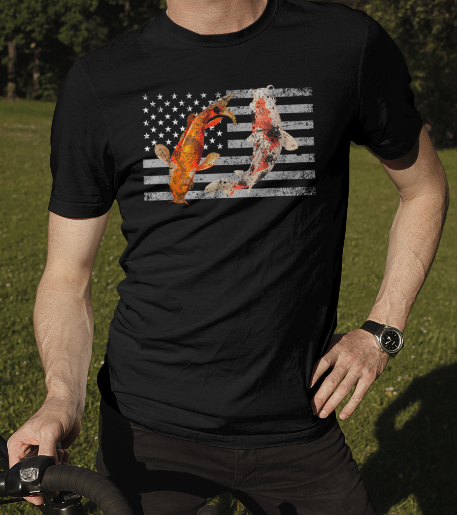 USA Flag With Japanese Koi Fish And Koi Carp T-Shirt