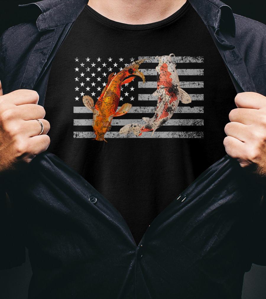 USA Flag With Japanese Koi Fish And Koi Carp T-Shirt