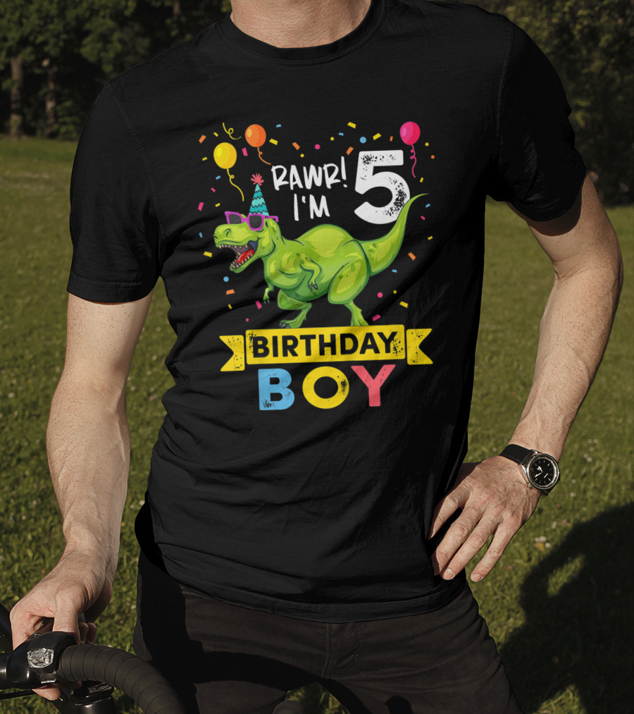 RAWR I'm 5 Birthday Boy Dinosaur Party Hat Balloons And Confetti T-Shirt