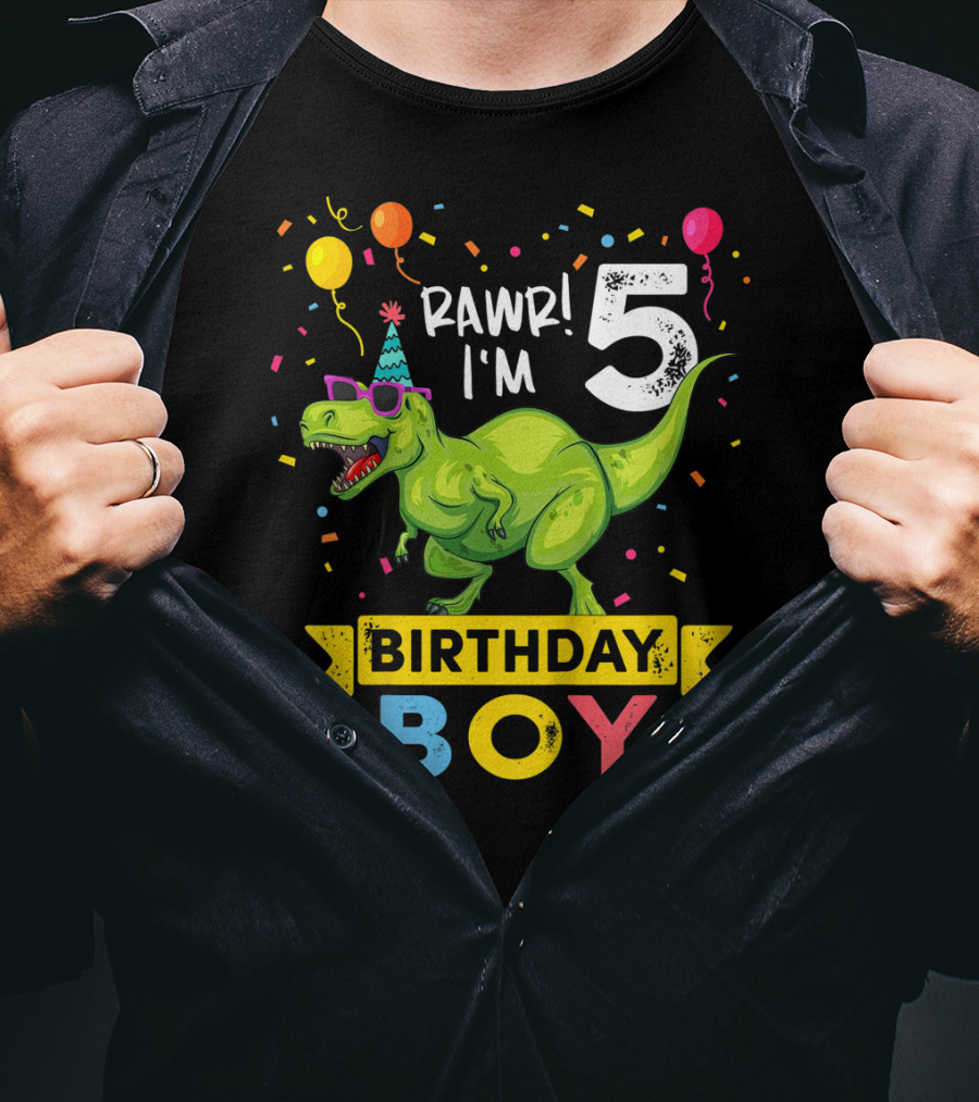 RAWR I'm 5 Birthday Boy Dinosaur Party Hat Balloons And Confetti T-Shirt