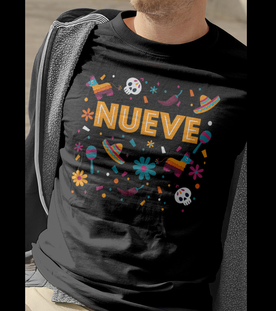 Kids 9 Year Old Mexican Fiesta Birthday Nueve Pinata Sombrero Maracas Skulls Flowers T-Shirt