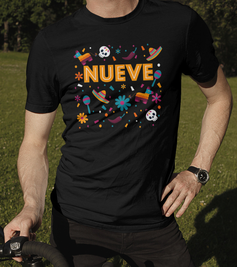 Kids 9 Year Old Mexican Fiesta Birthday Nueve Pinata Sombrero Maracas Skulls Flowers T-Shirt