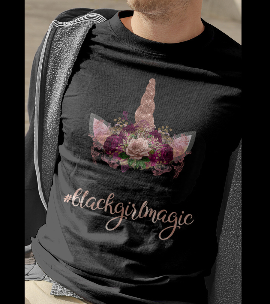 BlackGirlMagic Afro Unicorn Face With Floral Rose T-Shirt