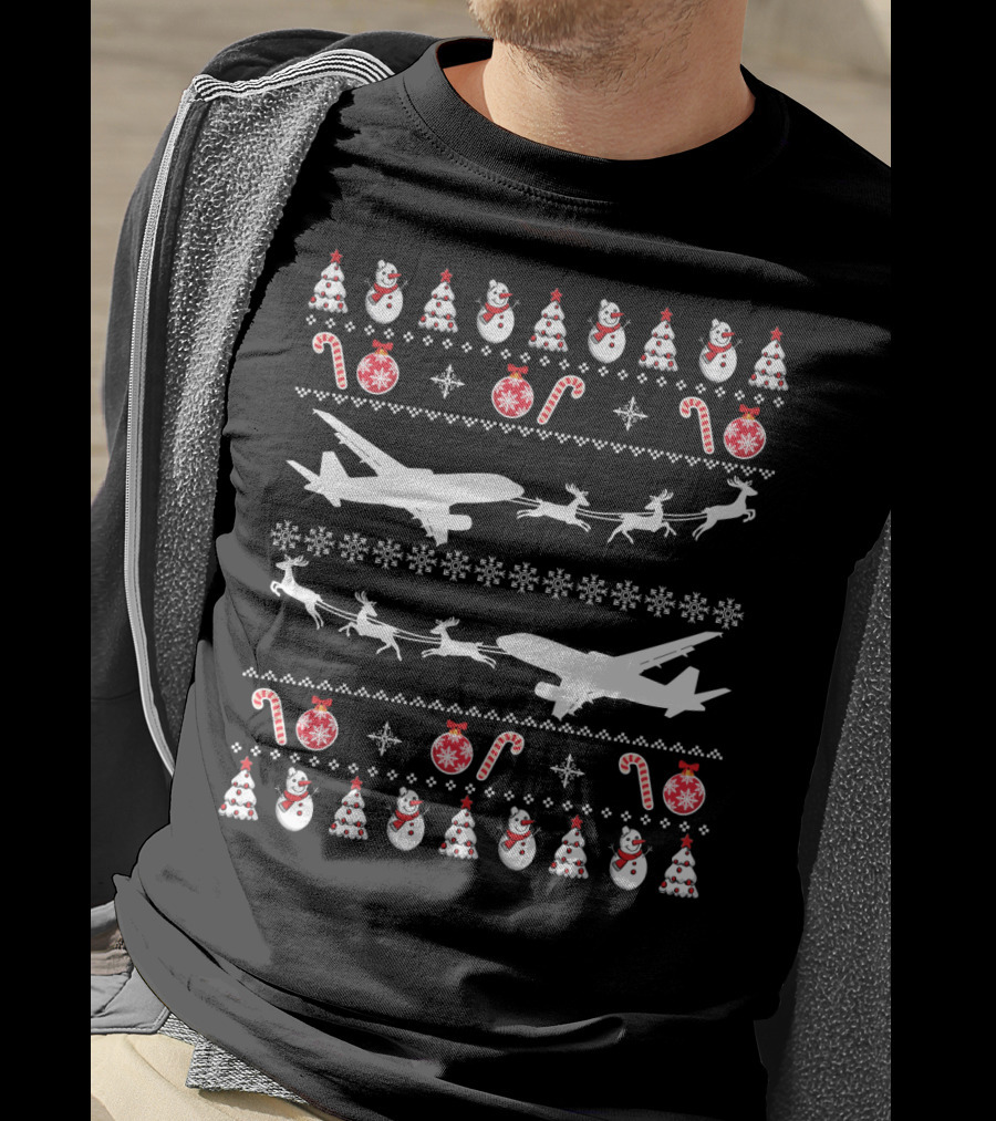Airplanes Ugly Christmas Sweater Reindeer Snowman Candy Cane Holiday T-Shirt
