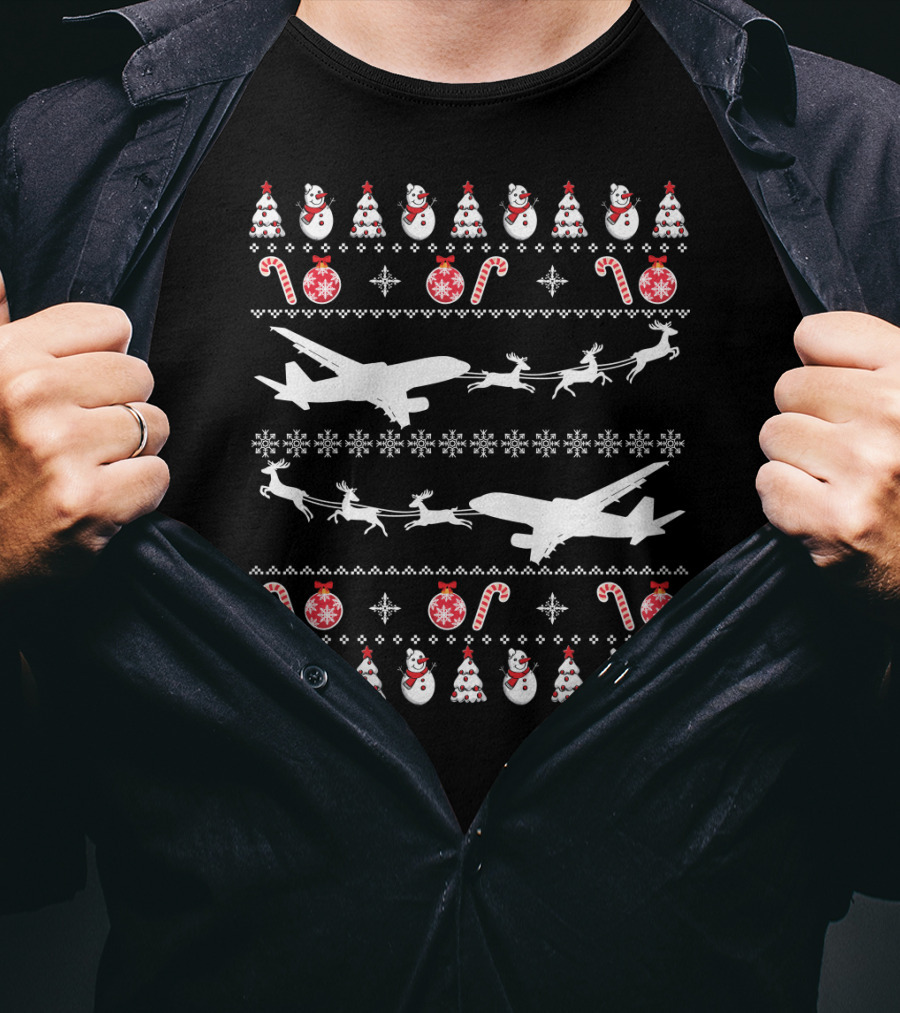 Airplanes Ugly Christmas Sweater Reindeer Snowman Candy Cane Holiday T-Shirt