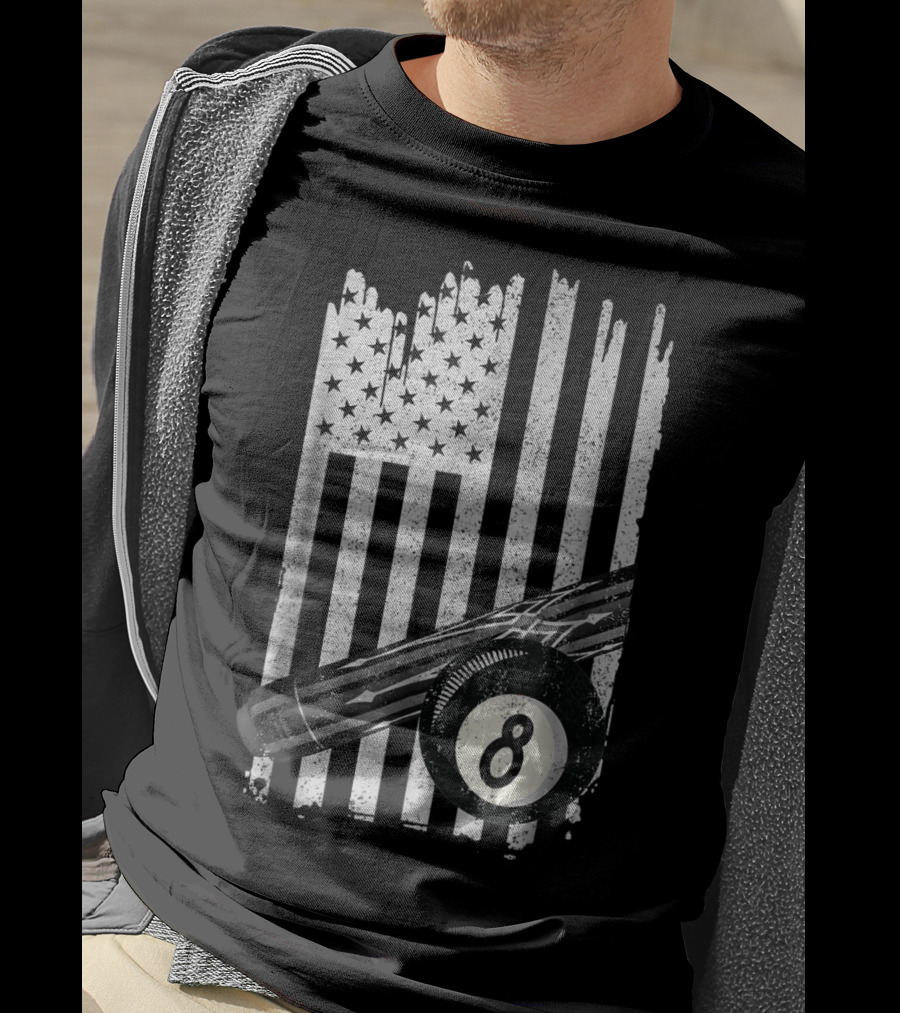 American Flag Billiard Cue And 8 Ball Pool Table T-Shirt