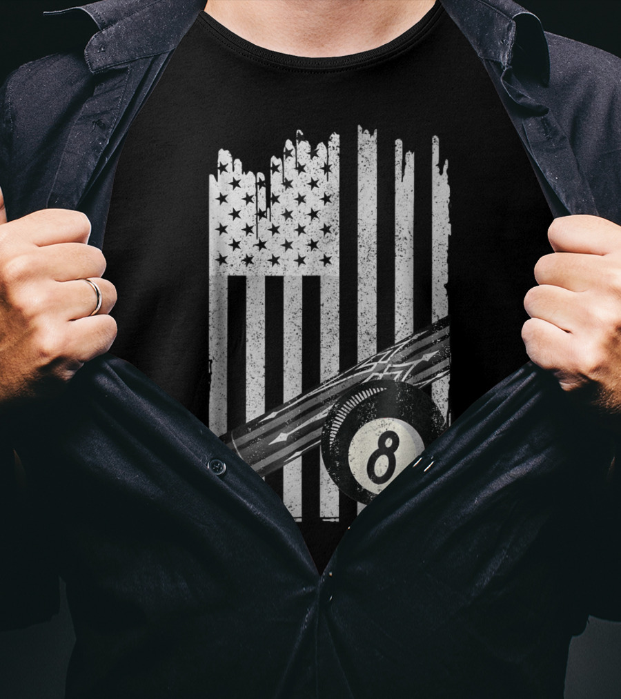 American Flag Billiard Cue And 8 Ball Pool Table T-Shirt
