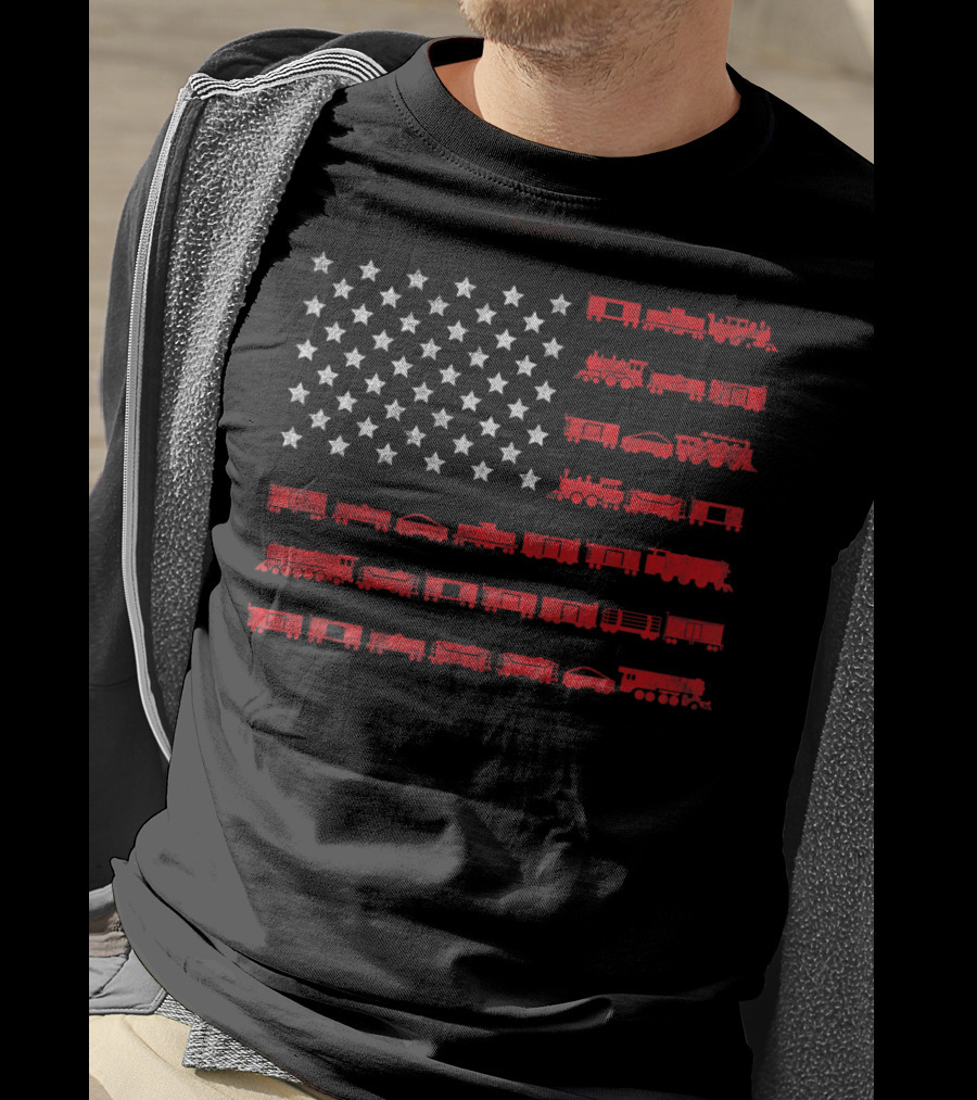 American Flag Made Of Red Railroad Trains And White Stars T-Shirt
