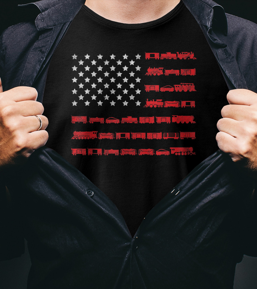 American Flag Made Of Red Railroad Trains And White Stars T-Shirt