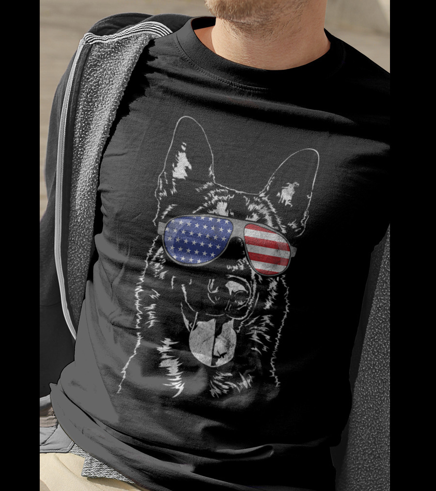 Funny Proud Belgian Malinois Dog In American Flag Sunglasses T-Shirt