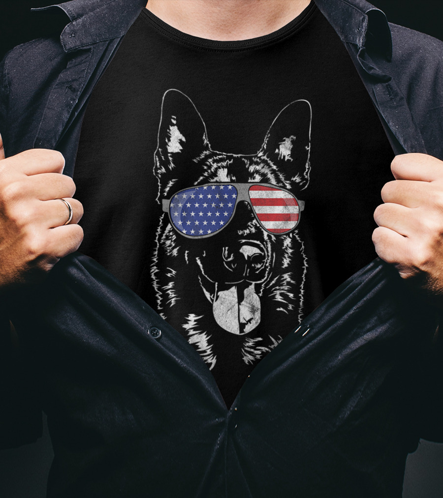 Funny Proud Belgian Malinois Dog In American Flag Sunglasses T-Shirt