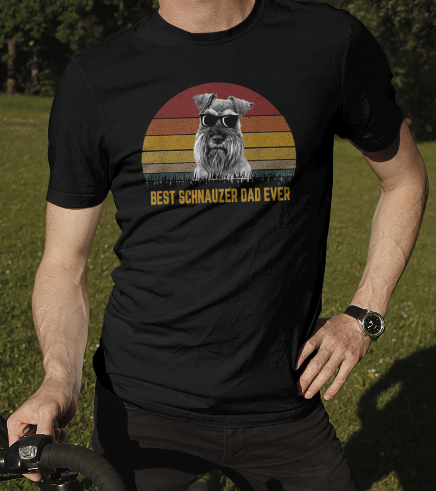 Best Schnauzer Dad Ever Funny Pet Dog Retro Sunset Sunglasses T-Shirt