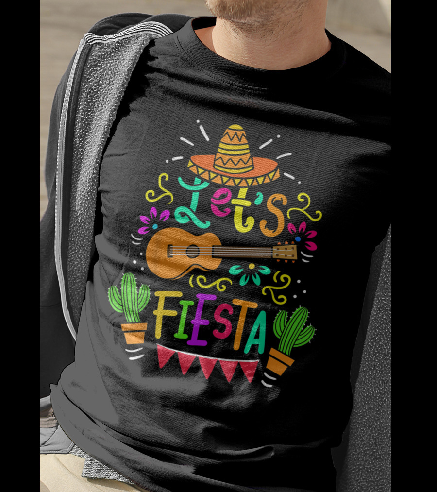 Let's Fiesta Mexican Guitar Sombrero Cactus Cinco De Mayo T-Shirt