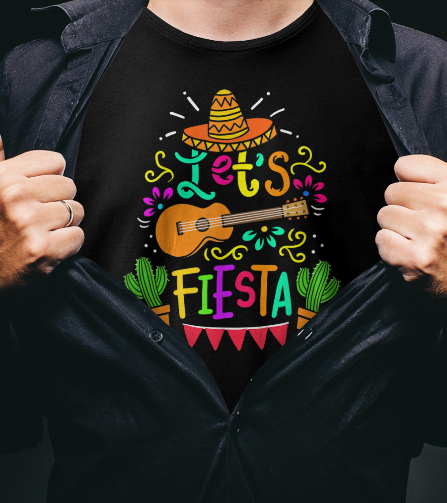 Let's Fiesta Mexican Guitar Sombrero Cactus Cinco De Mayo T-Shirt