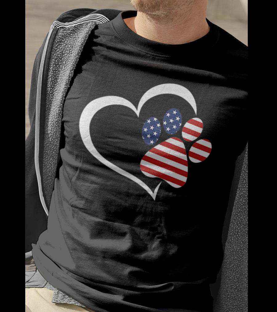 Dog Paw Heart Love Red White Blue American Flag Patriotic T-Shirt