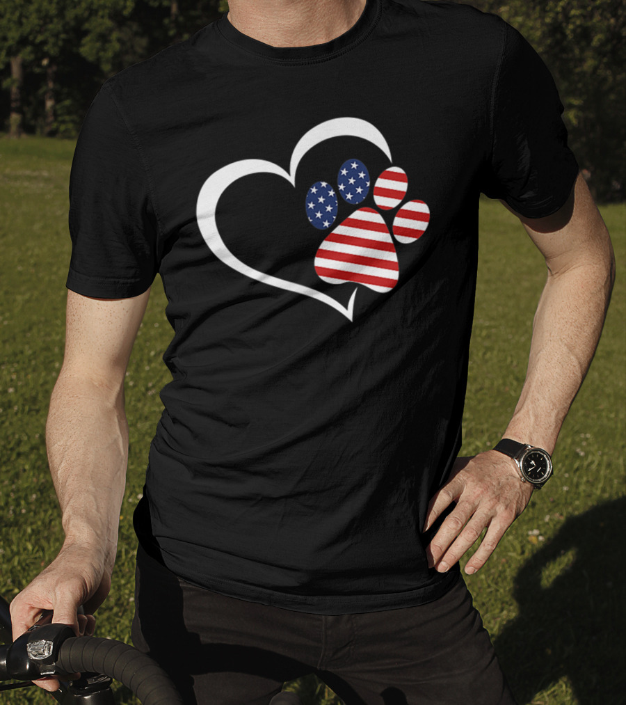 Dog Paw Heart Love Red White Blue American Flag Patriotic T-Shirt