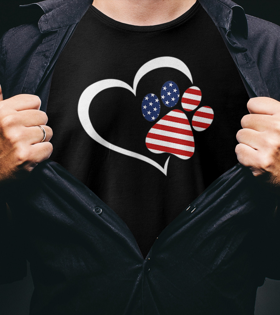Dog Paw Heart Love Red White Blue American Flag Patriotic T-Shirt