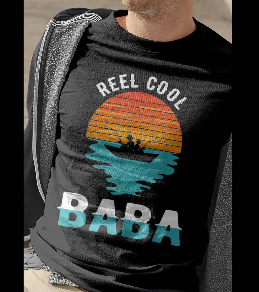Reel Cool Baba Father's Day Fishing Silhouette Sunset T-Shirt