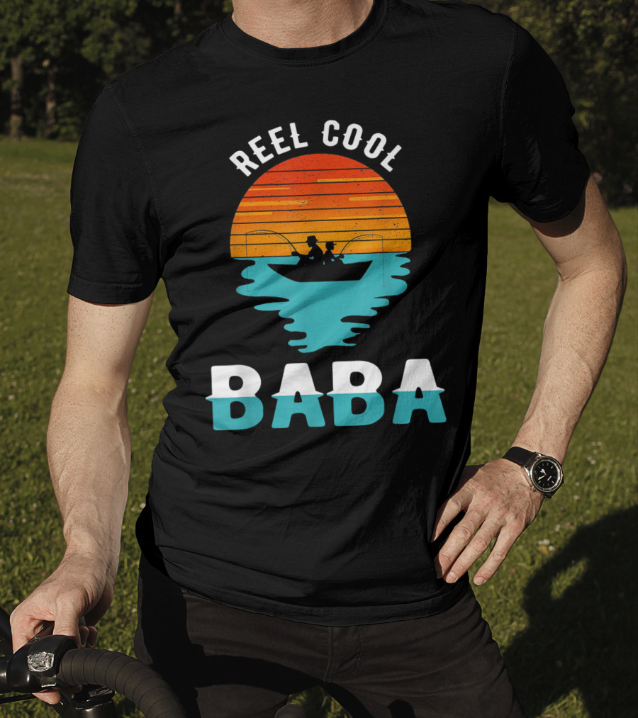 Reel Cool Baba Father's Day Fishing Silhouette Sunset T-Shirt