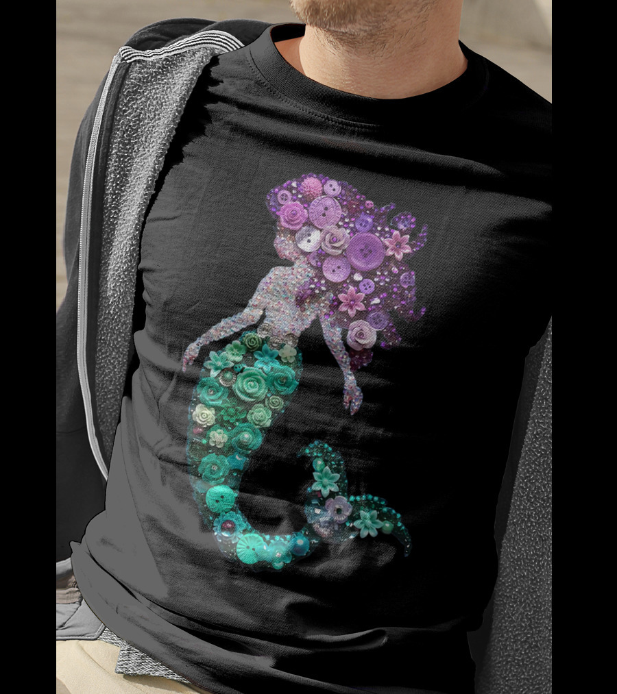 Flower Mermaid Purple Green Buttons T-Shirt