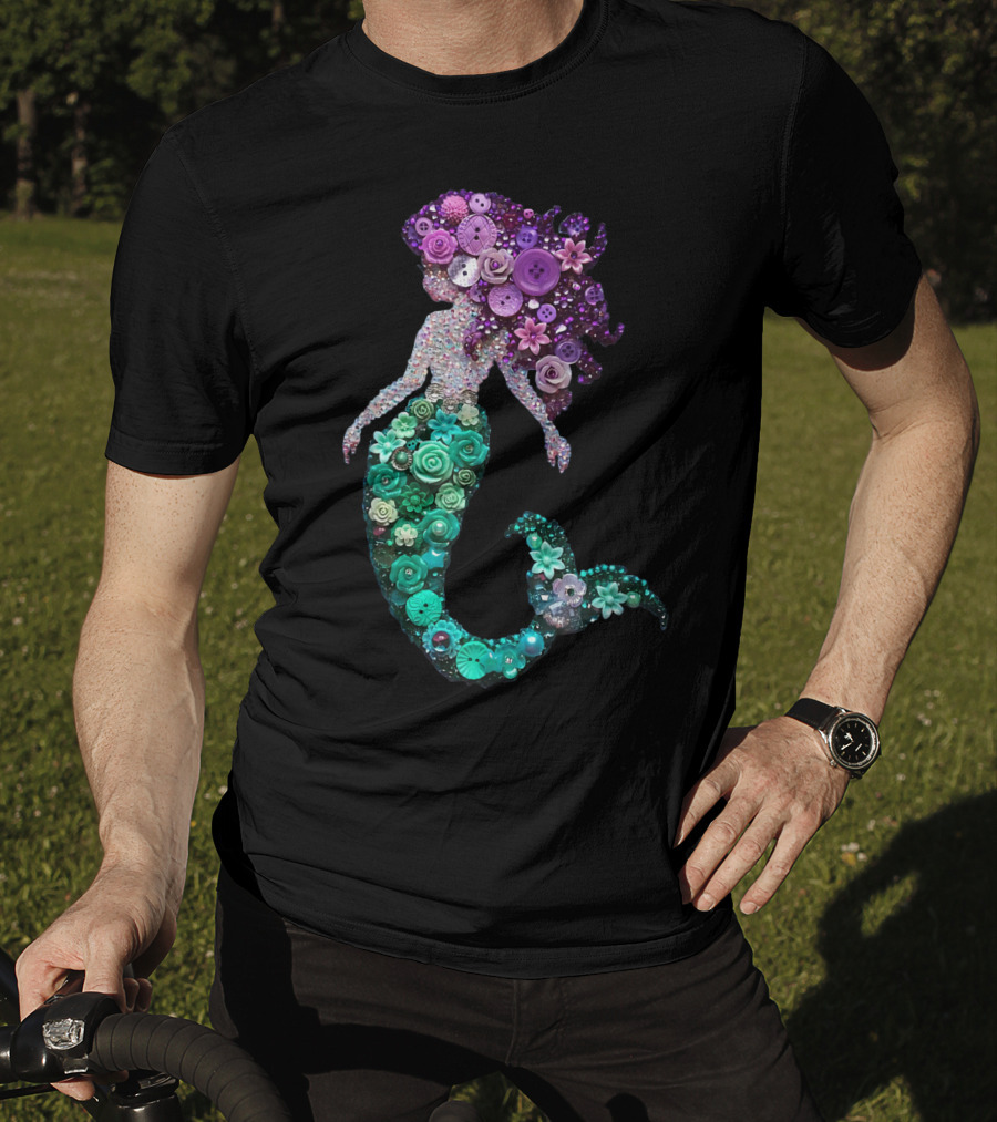 Flower Mermaid Purple Green Buttons T-Shirt