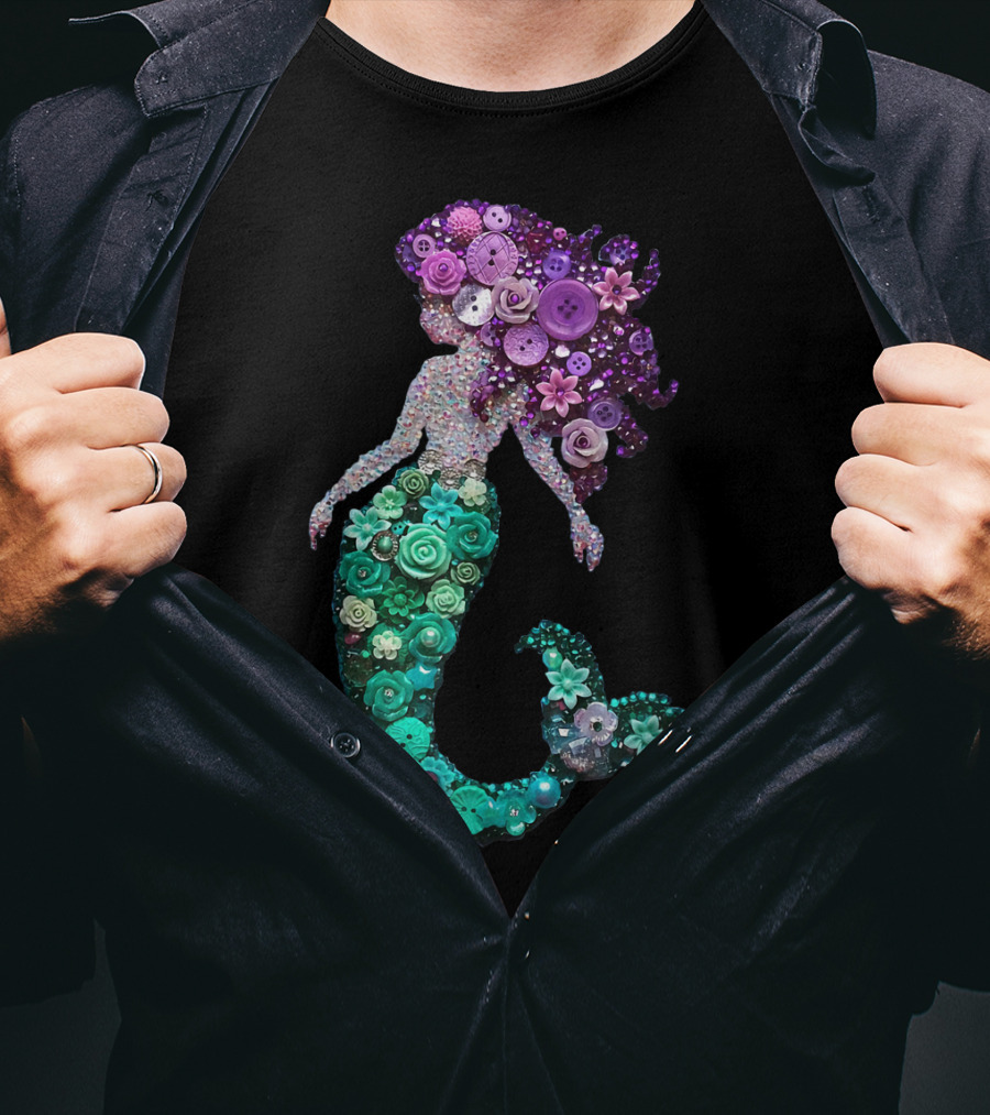 Flower Mermaid Purple Green Buttons T-Shirt