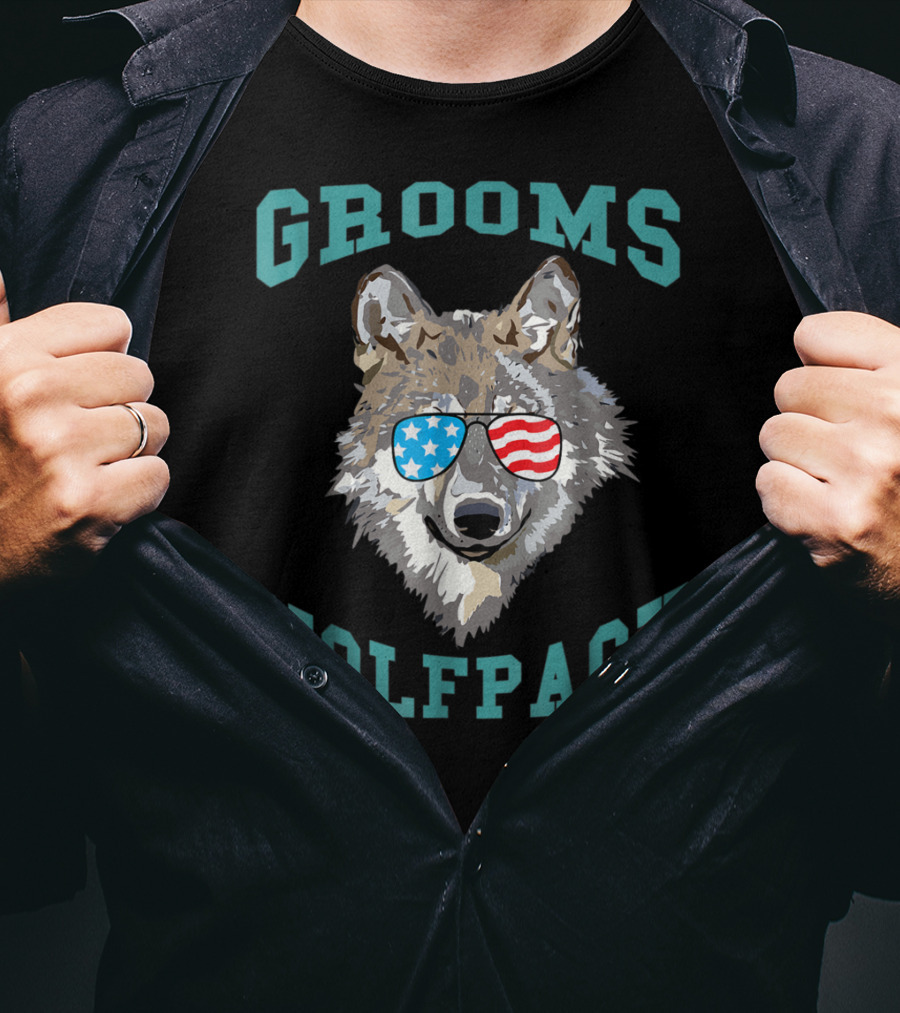Grooms Wolfpack Bachelor Party American Flag Sunglasses T-Shirt