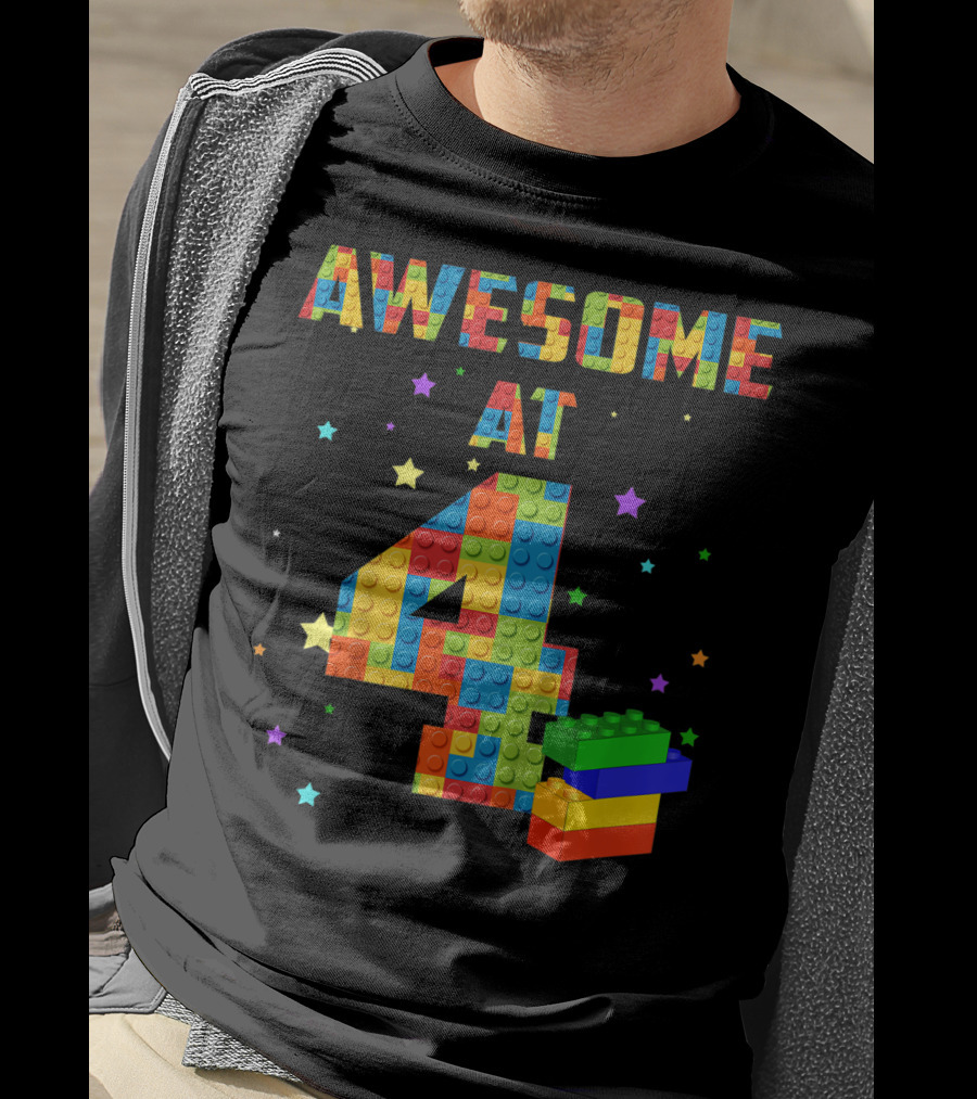 AWESOME AT 4 Building Blocks Kids Birthday T-Shirt