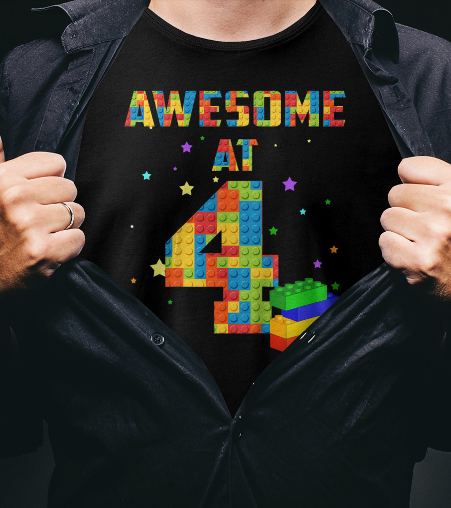 AWESOME AT 4 Building Blocks Kids Birthday T-Shirt