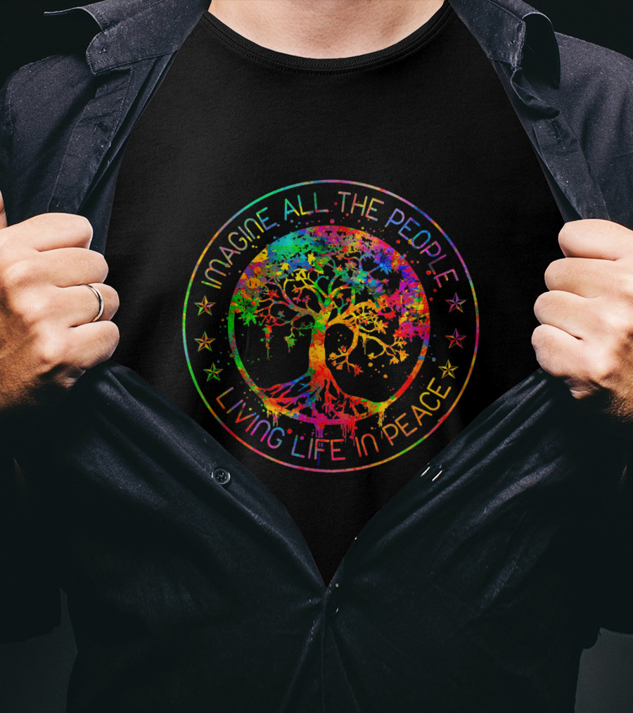 Imagine All The People Living Life In Peace Tree Symbol Multicolor Star Circle T-Shirt