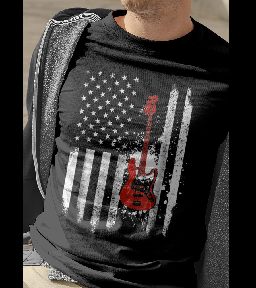 Bass Guitar Red White Stars Stripes American Flag T-Shirt