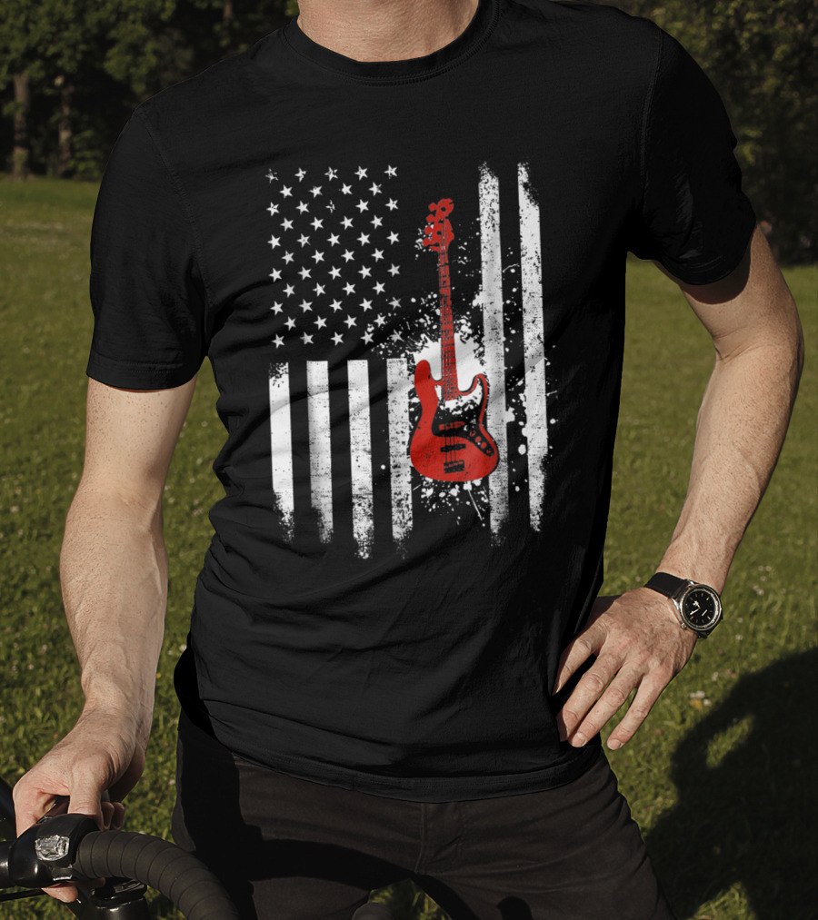Bass Guitar Red White Stars Stripes American Flag T-Shirt