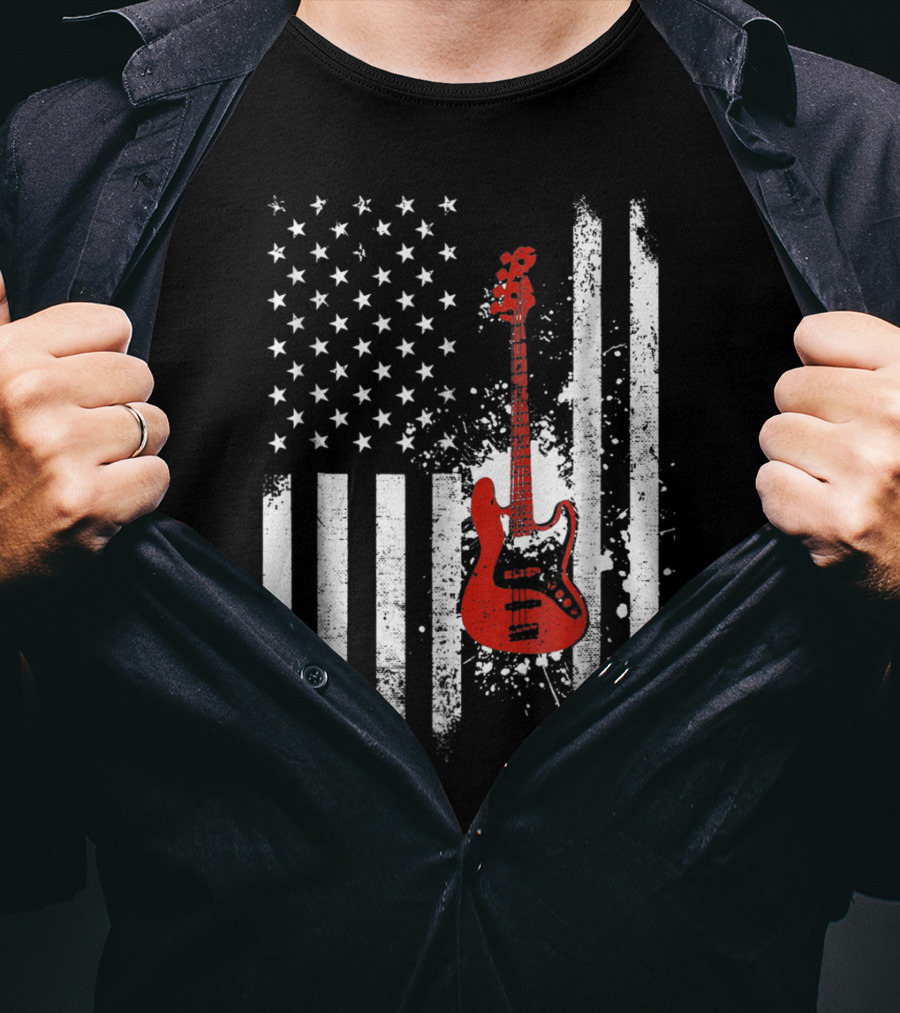 Bass Guitar Red White Stars Stripes American Flag T-Shirt