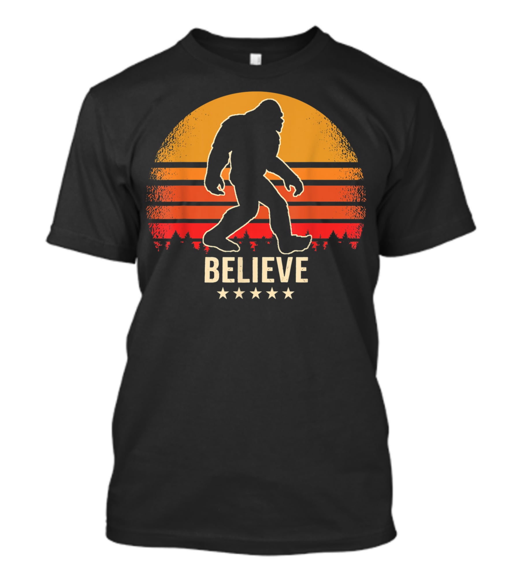 Believe Sunset Bigfoot Silhouette Retro Stars Forest T-Shirt