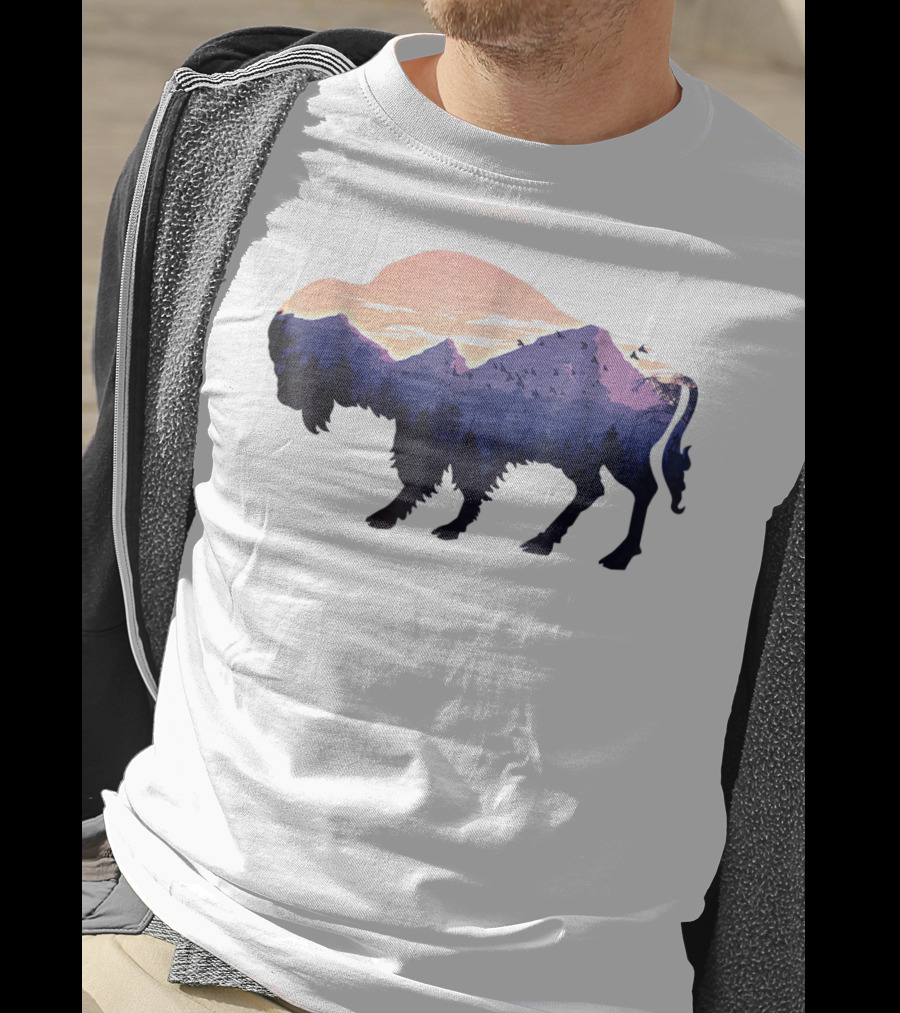 Bison Silhouette With Mountain And Forest Scene T-Shirt