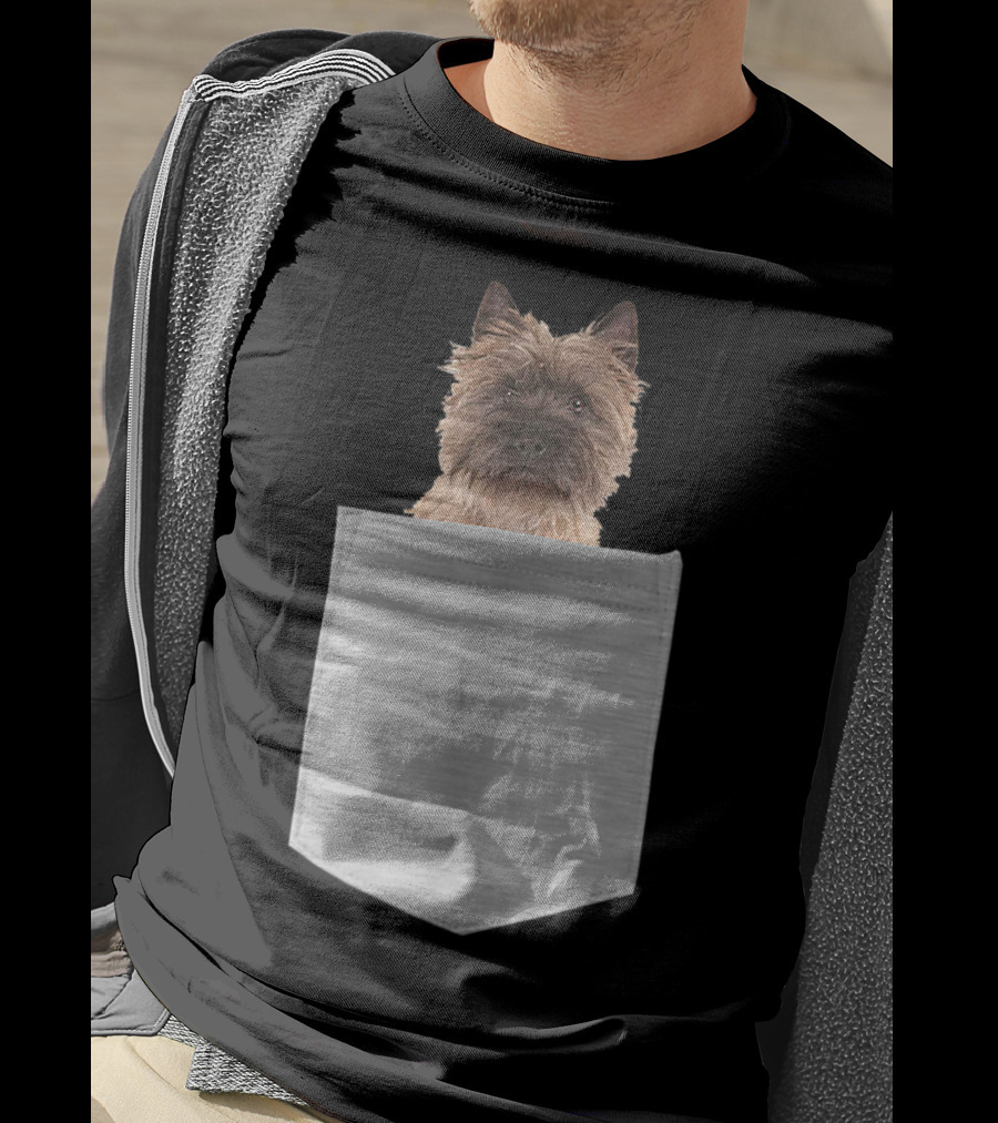 Cairn Terrier Pup Peeking From Pocket T-Shirt