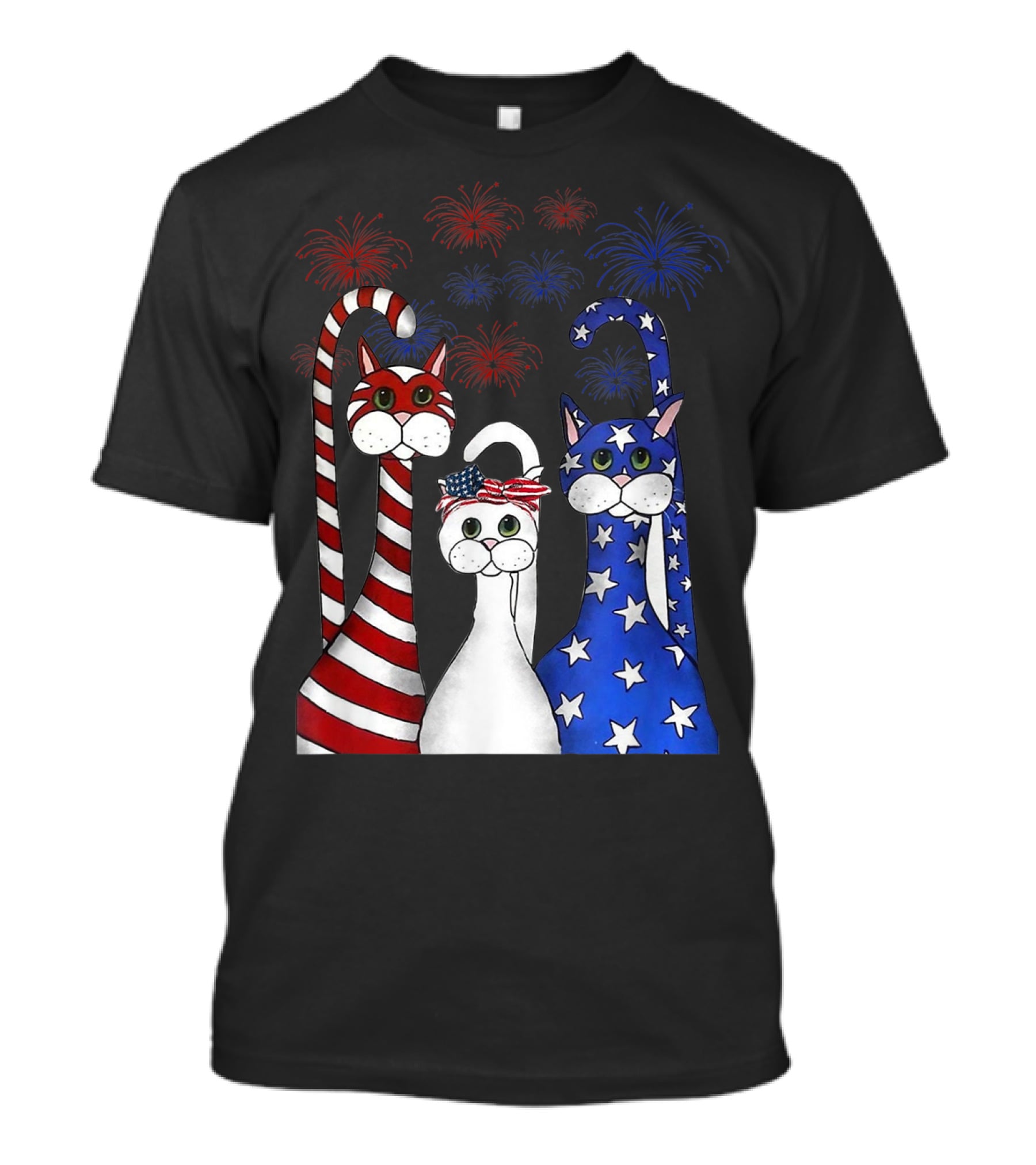 Cat Red White Blue American Flag Patriotic Fireworks T-Shirt