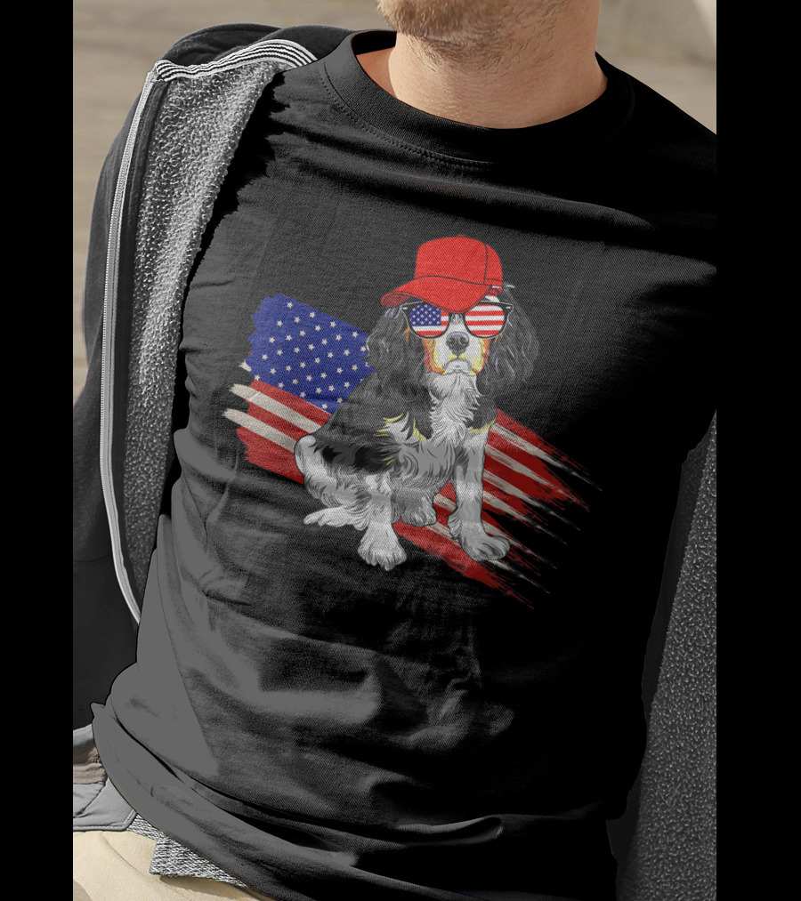 Cavalier King Charles Spaniel USA Flag Hat Sunglasses Patriotic Fourth Of July T-Shirt