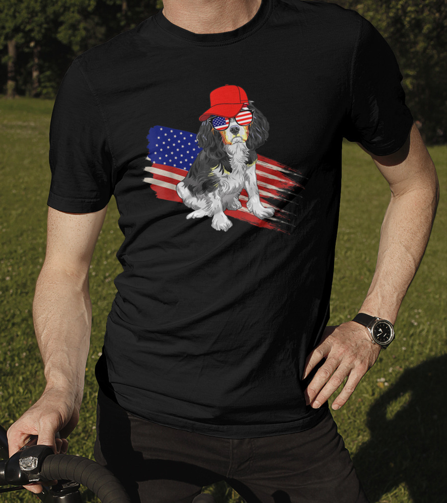 Cavalier King Charles Spaniel USA Flag Hat Sunglasses Patriotic Fourth Of July T-Shirt