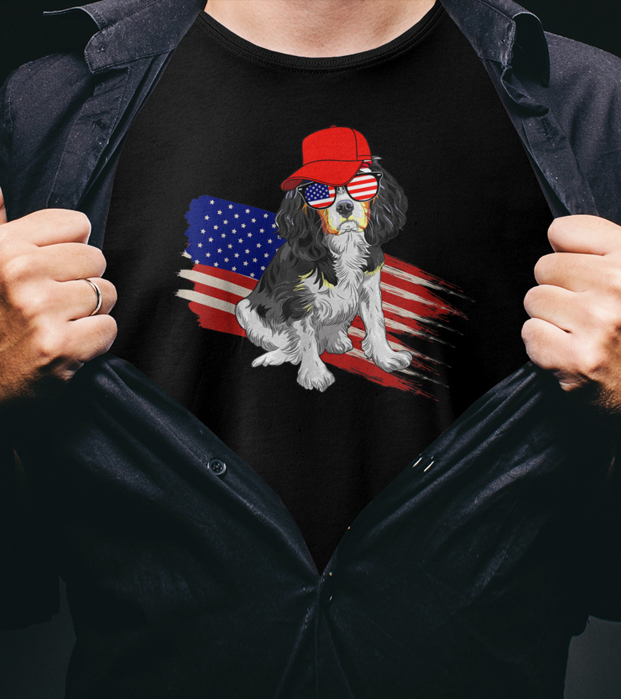 Cavalier King Charles Spaniel USA Flag Hat Sunglasses Patriotic Fourth Of July T-Shirt