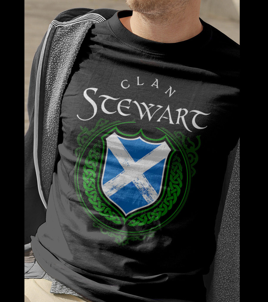 Clan Stewart Scottish Shield Scotland Flag And Green Celtic Knotwork T-Shirt
