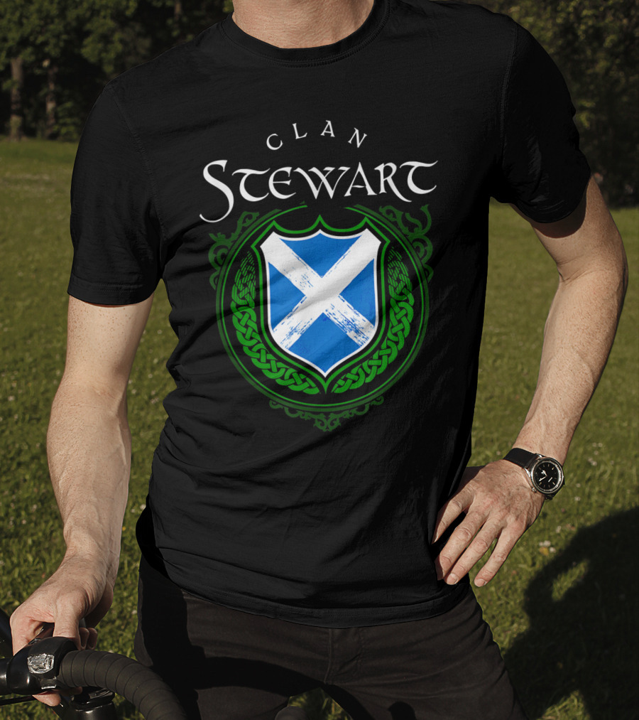 Clan Stewart Scottish Shield Scotland Flag And Green Celtic Knotwork T-Shirt