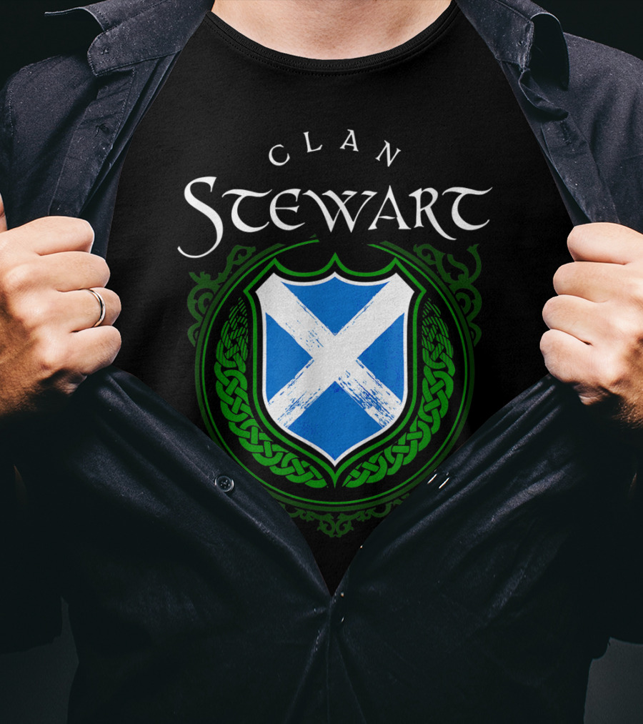 Clan Stewart Scottish Shield Scotland Flag And Green Celtic Knotwork T-Shirt