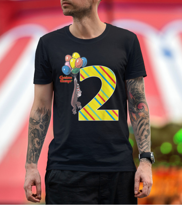 Premium T-Shirt: Curious George Holding Balloons Next to Colorful Striped Number 2 for Second Birthday T-Shirt Curious George Holding Balloons Next to Colorful Striped Number 2 for Second Birthday T-Shirt